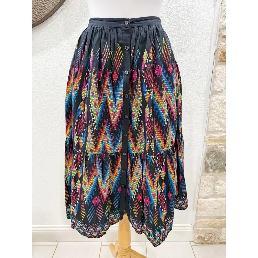 Anthropologie Tanvi Kedia Iris Tiered Midi Skirt Black Chevron Button Front XS